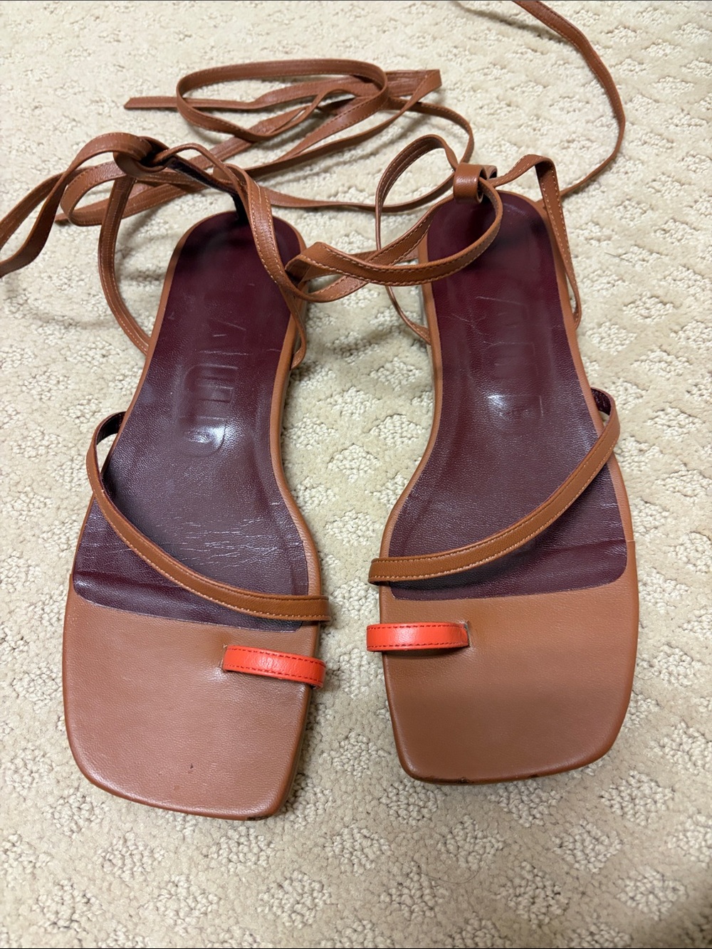 Staud Leather Lace-Up Flat Sandals in Tan with Orange Accent